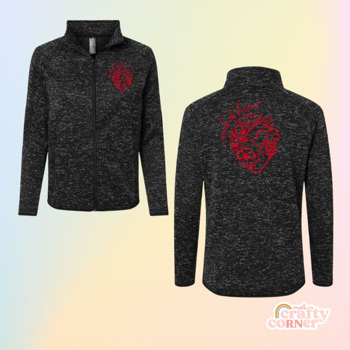 Mockup of heather black Floral Anatomical Heart (WOH) fleece zip-up jacket by Mel's Crafty Corner