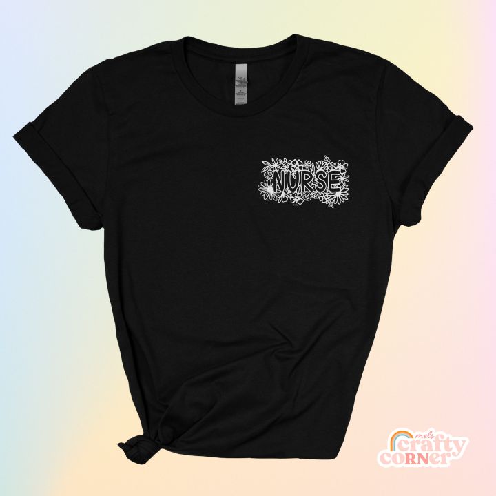 Heather black Pocket Floral Nurse T-Shirt product mockup