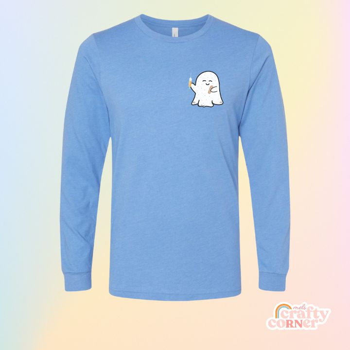 Heather columbia blue Boo-Boo Ghostie soft long sleeve shirt mockup by Mel's Crafty Corner