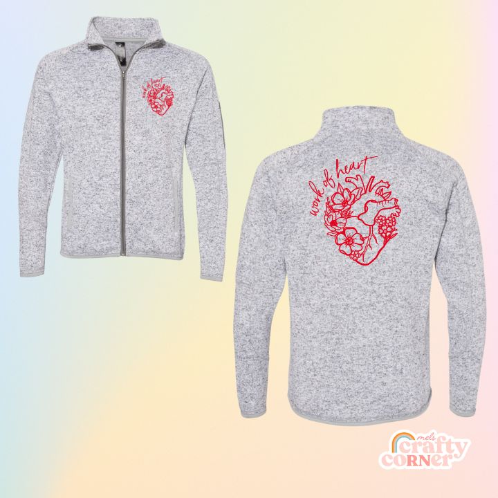 Mockup of heather grey Floral Anatomical Heart (WOH) fleece zip-up jacket by Mel's Crafty Corner