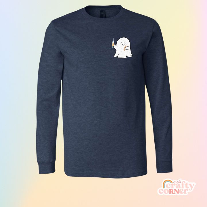 Heather navy Boo-Boo Ghostie soft long sleeve shirt mockup by Mel's Crafty Corner