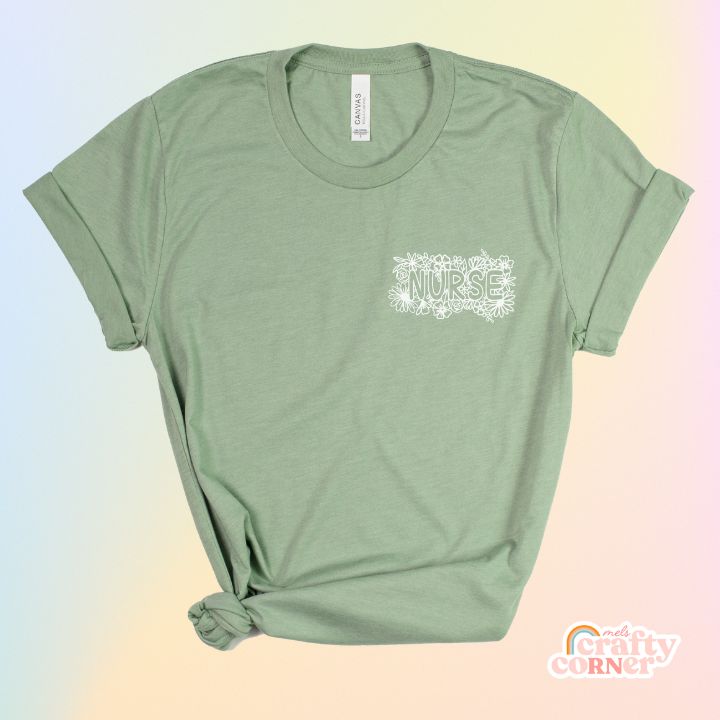 Heather sage Pocket Floral Nurse T-Shirt product mockup