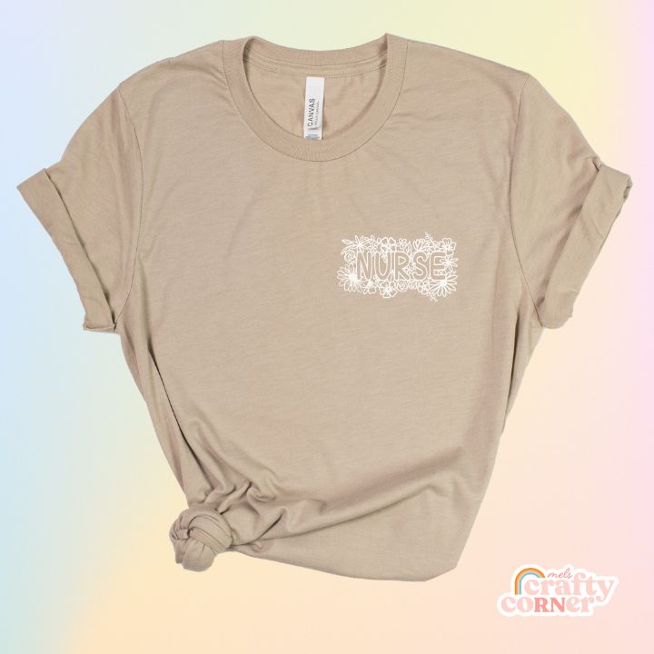 Heather tan Pocket Floral Nurse T-Shirt product mockup