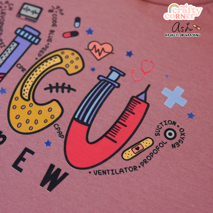 Third view of ICU Crew Merch mauve t-shirt showing full design by Mel's Crafty Corner
