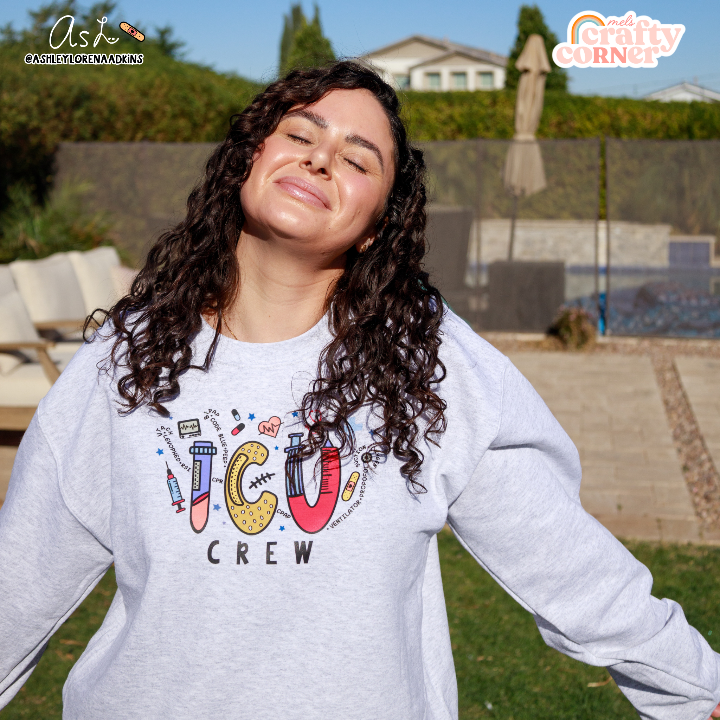Third modeling view of ICU Crew Merch ash gray crewneck sweatshirt by Ashley by Mel's Crafty Corner