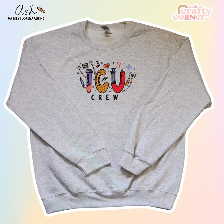 ICU Crew Merch design on ash gray crewneck sweatshirt, product image by Mel's Crafty Corner