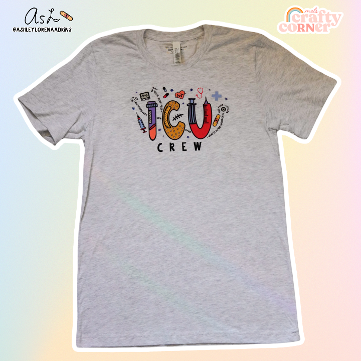 ICU Crew Merch design on ash gray t-shirt, product image by Mel's Crafty Corner