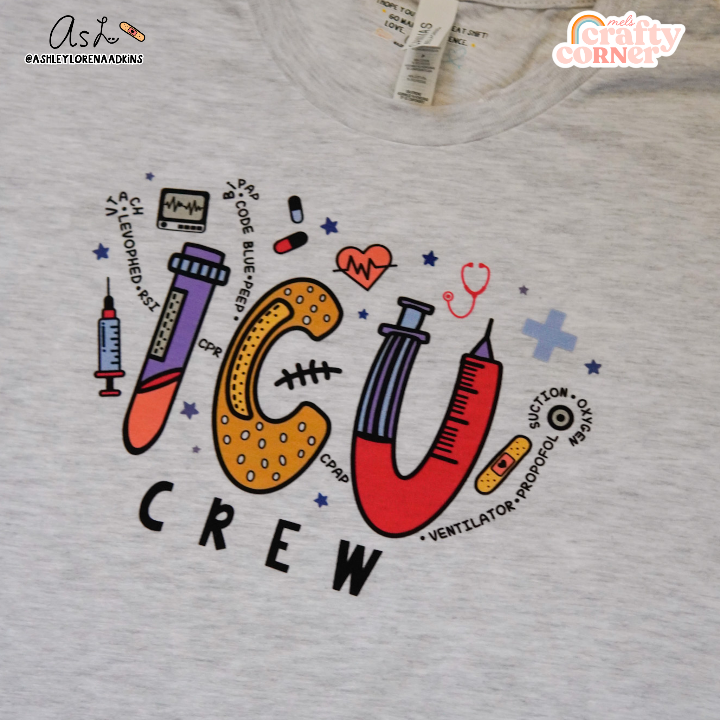 Second view of ICU Crew Merch ash gray t-shirt showing design details by Mel's Crafty Corner