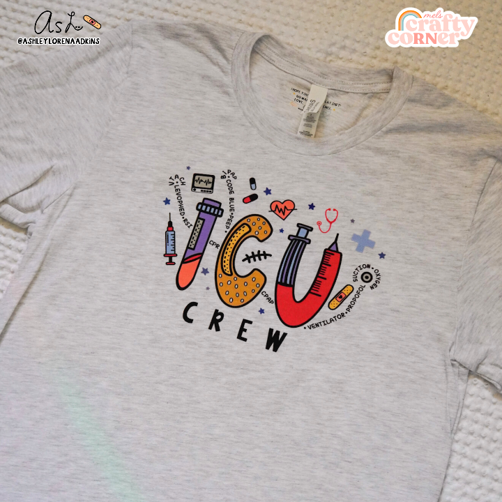 Third view of ICU Crew Merch ash gray t-shirt showing full design by Mel's Crafty Corner
