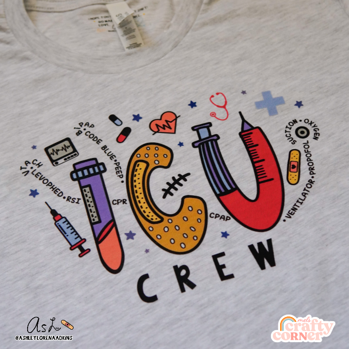 Fourth view of ICU Crew Merch ash gray t-shirt showing back design by Mel's Crafty Corner