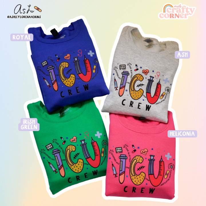 Color options showing royal blue and navy ICU Crew Merch crewneck sweatshirts by Mel's Crafty Corner