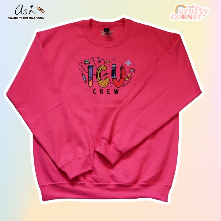 ICU Crew Merch design on heliconia pink crewneck sweatshirt, product image by Mel's Crafty Corner