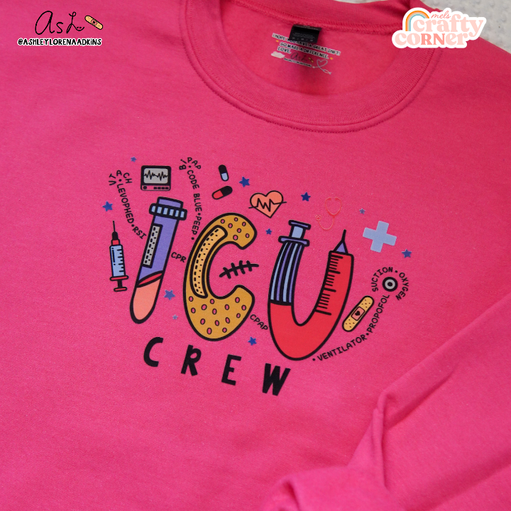 Front view of ICU Crew Merch heliconia pink crewneck sweatshirt by Mel's Crafty Corner