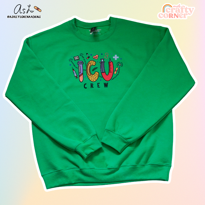 ICU Crew Merch design on irish green crewneck sweatshirt, product image by Mel's Crafty Corner