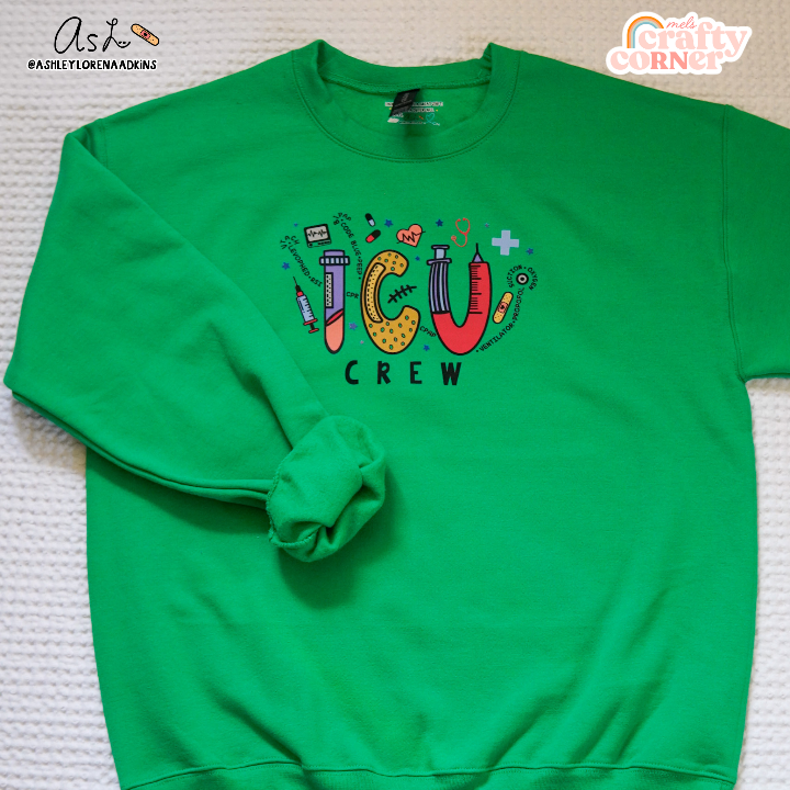 Front view of ICU Crew Merch irish green crewneck sweatshirt by Mel's Crafty Corner