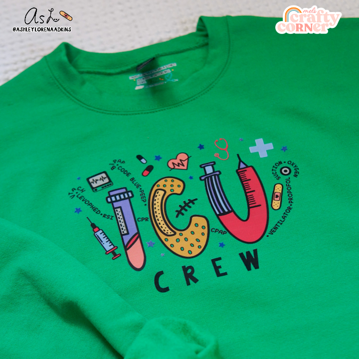 Second view of ICU Crew Merch irish green crewneck sweatshirt showing design details by Mel's Crafty Corner