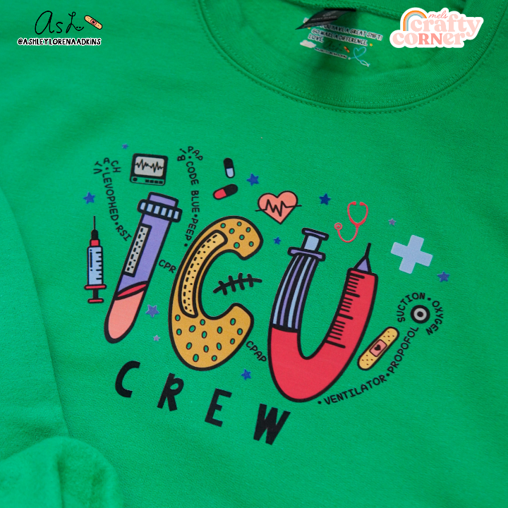 Third view of ICU Crew Merch irish green crewneck sweatshirt showing full design by Mel's Crafty Corner