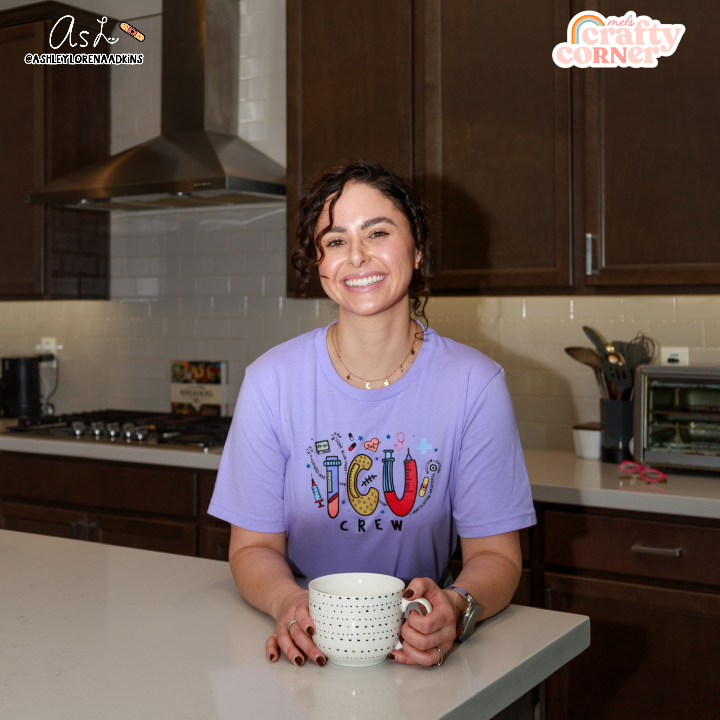 Second modeling view of ICU Crew Merch dark lavender t-shirt by Ashley by Mel's Crafty Corner