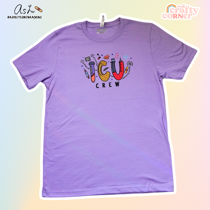 ICU Crew Merch design on dark lavender t-shirt, product image by Mel's Crafty Corner