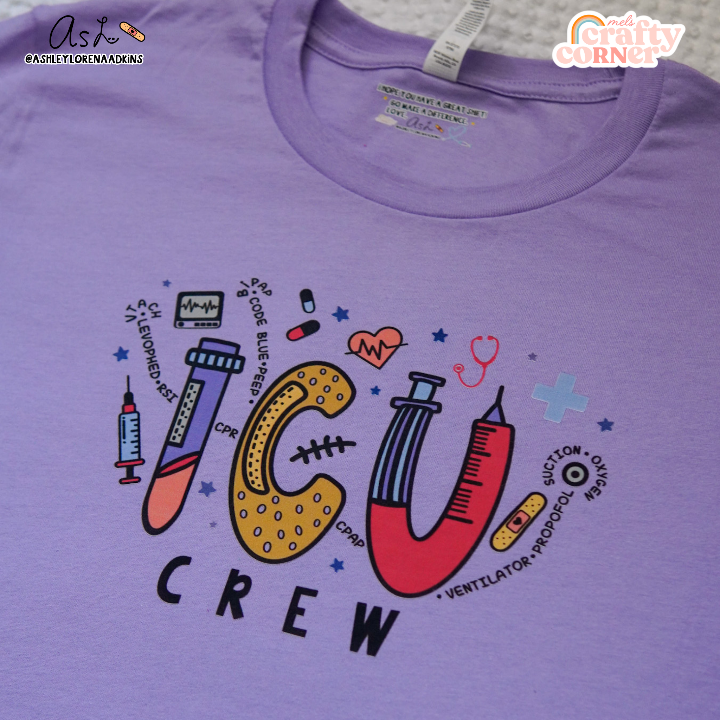 Front view of ICU Crew Merch dark lavender t-shirt by Mel's Crafty Corner