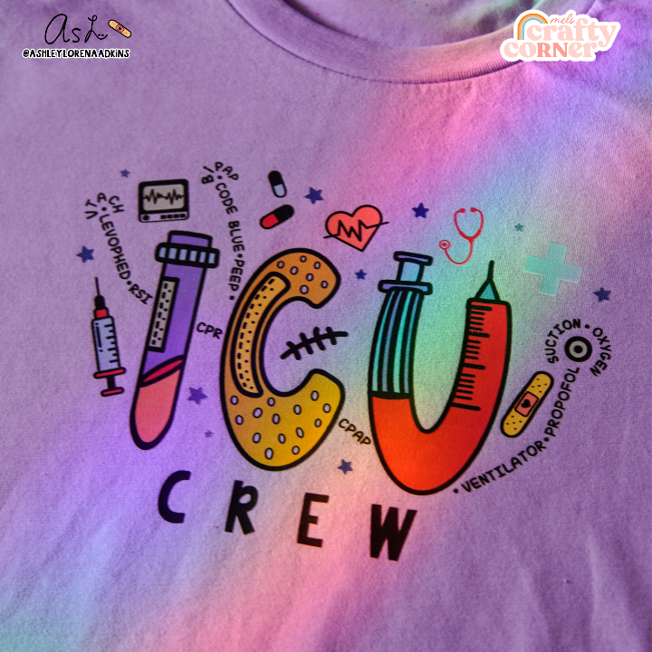 Second view of ICU Crew Merch dark lavender t-shirt showing design details by Mel's Crafty Corner