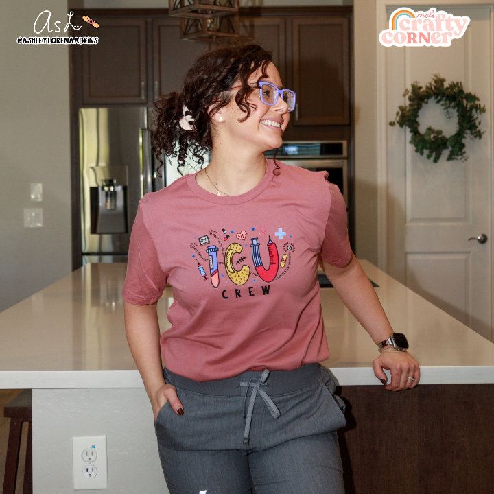ICU Crew Merch design on mauve t-shirt modeled by Ashley, full view by Mel's Crafty Corner