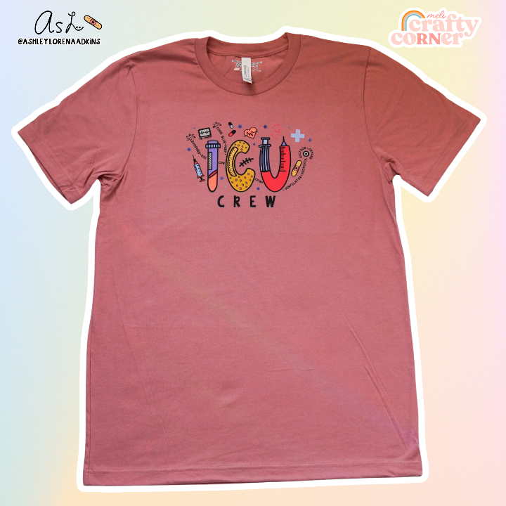 ICU Crew Merch design on mauve t-shirt, product image by Mel's Crafty Corner