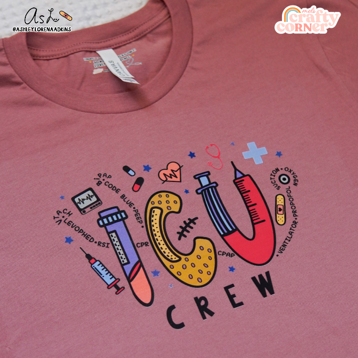 Front view of ICU Crew Merch mauve t-shirt by Mel's Crafty Corner