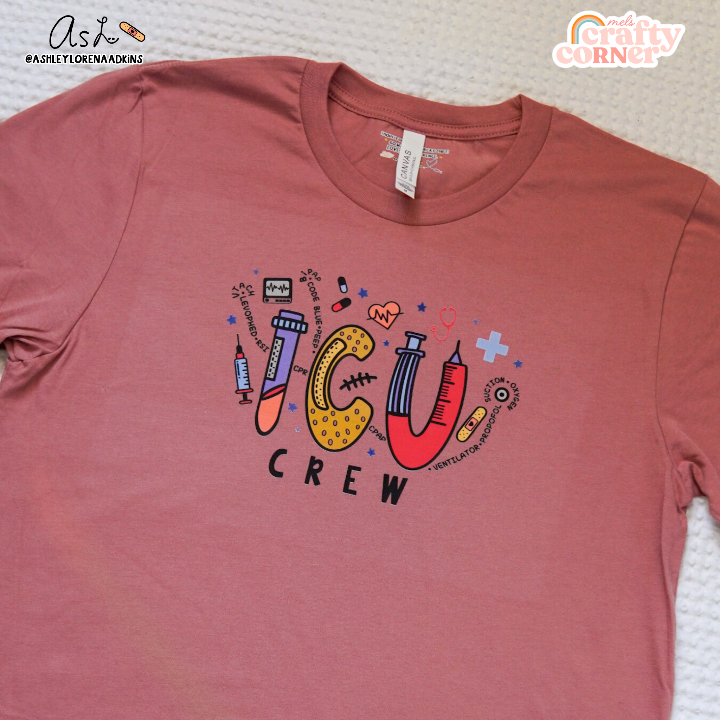 Second view of ICU Crew Merch mauve t-shirt showing design details by Mel's Crafty Corner