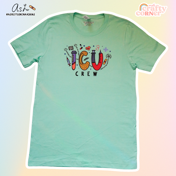 ICU Crew Merch design on mint t-shirt, product image by Mel's Crafty Corner