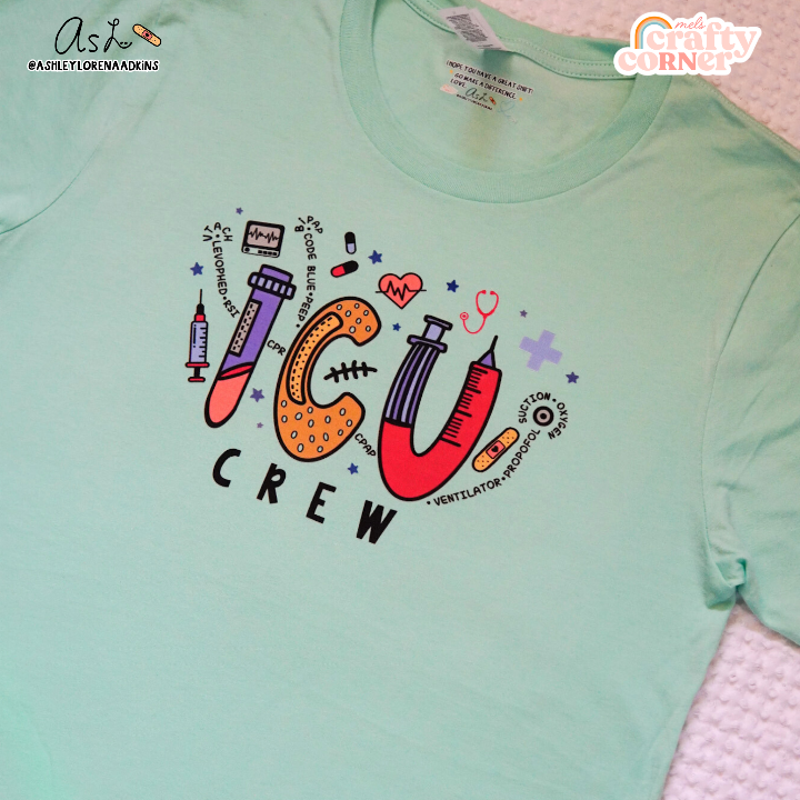Second view of ICU Crew Merch mint t-shirt showing design details by Mel's Crafty Corner