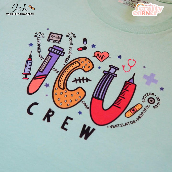 Third view of ICU Crew Merch mint t-shirt showing full design by Mel's Crafty Corner