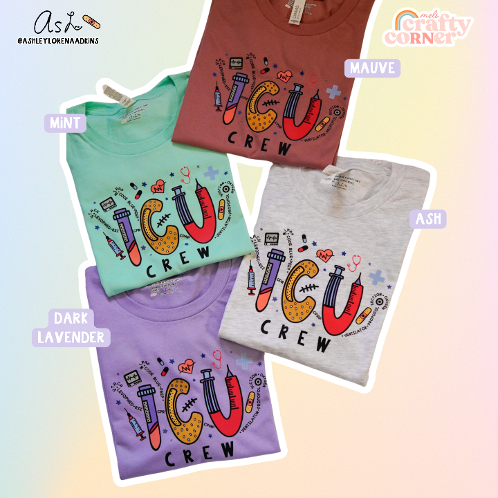 Color options available for ICU Crew Merch t-shirts by Mel's Crafty Corner