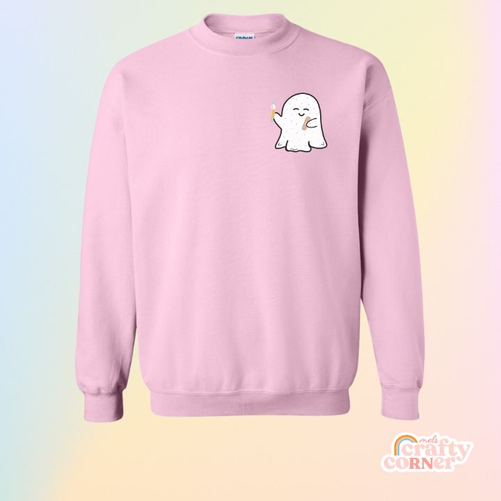 Light pink Boo-Boo Ghostie classic crewneck sweatshirt mockup by Mel's Crafty Corner