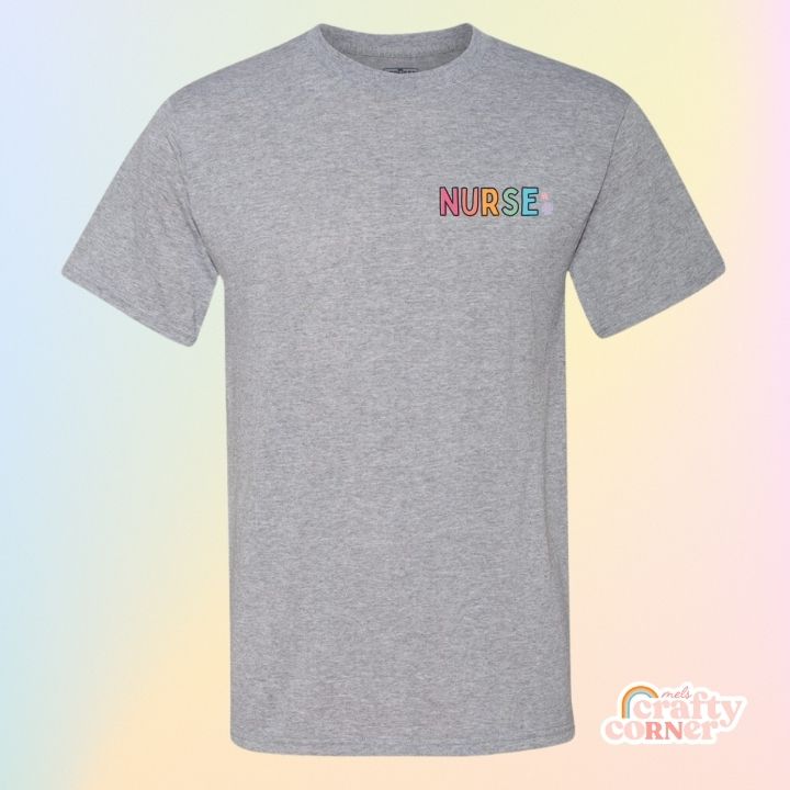 Mockup of pocket Colorful Nurse design on classic t-shirt by Mel's Crafty Corner