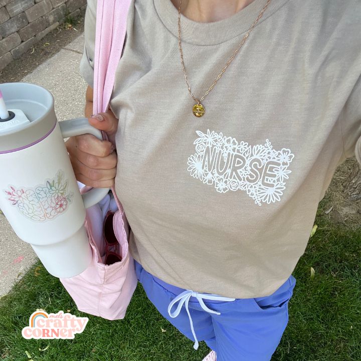 Mel casually modeling Pocket Floral Nurse T-Shirt
