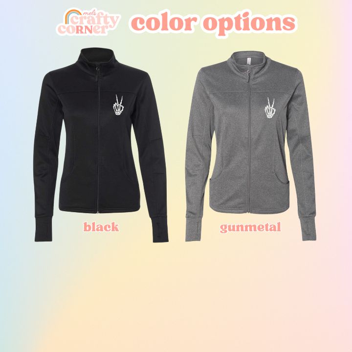 Color options available for the Skeleton Peace Sign performance zip-up jacket by Mel's Crafty Corner
