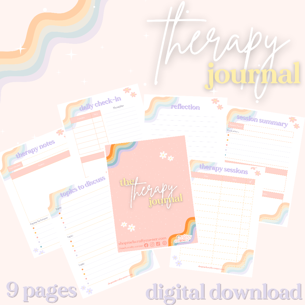 The Therapy Journal digital download main product image showing cover design by Mel's Crafty Corner
