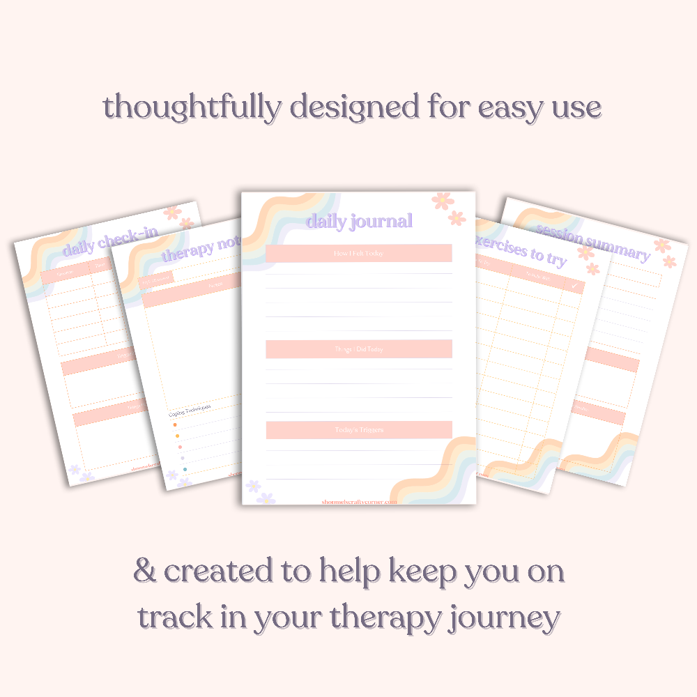 Preview of multiple pages from The Therapy Journal showing layout and prompts by Mel's Crafty Corner