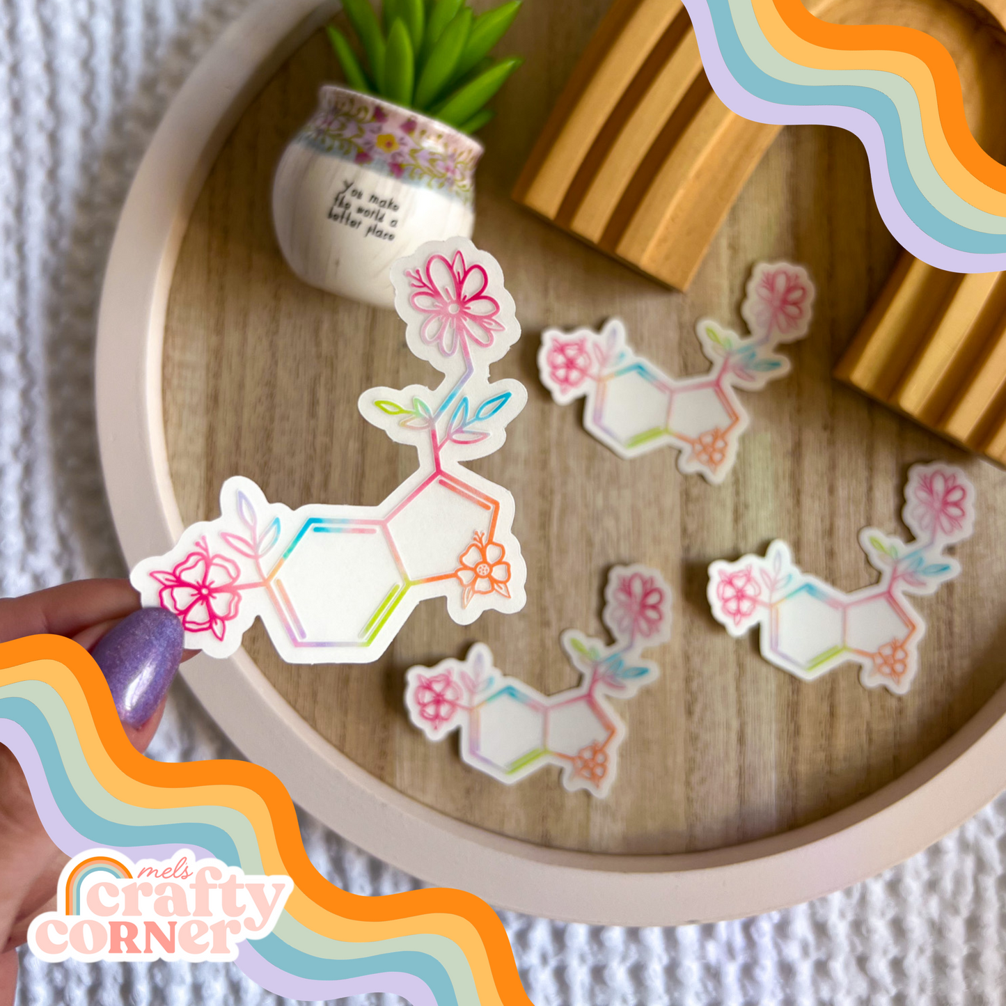 Floral Serotonin design on colorful clear sticker, main product image by Mel's Crafty Corner