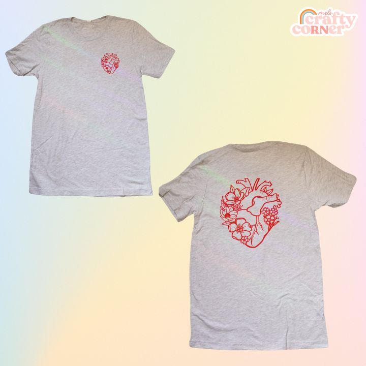 Mockup of ash gray Floral Anatomical Heart softest t-shirt by Mel's Crafty Corner