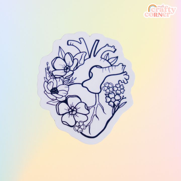 Floral Anatomical Heart black matte sticker applied to laptop showing usage example by Mel's Crafty Corner