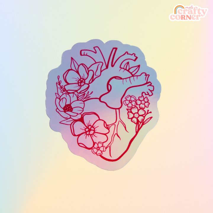 Floral Anatomical Heart red holographic sticker applied to water bottle showing usage example by Mel's Crafty Corner