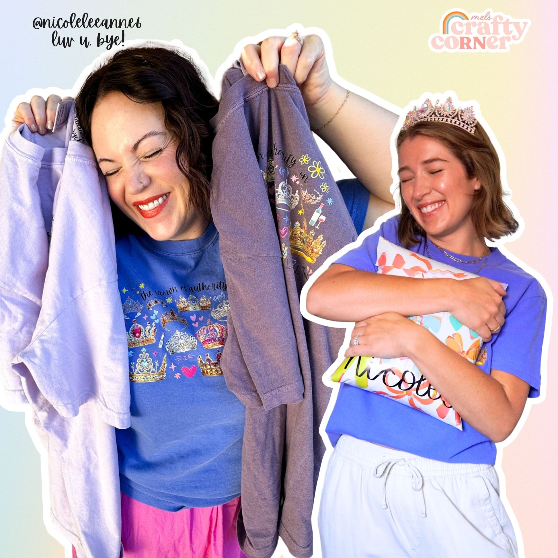 Image featuring both Nicole Leeanne and Mel's Crafty Corner enjoying Crown of Authority merch
