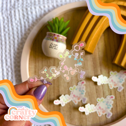 Floral Oxytocin design on colorful clear sticker, main product image by Mel's Crafty Corner