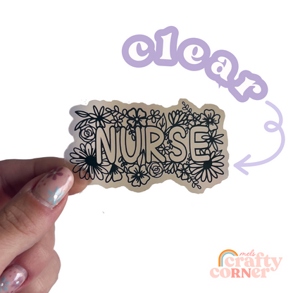 Close-up detail of Floral Nurse black clear sticker design