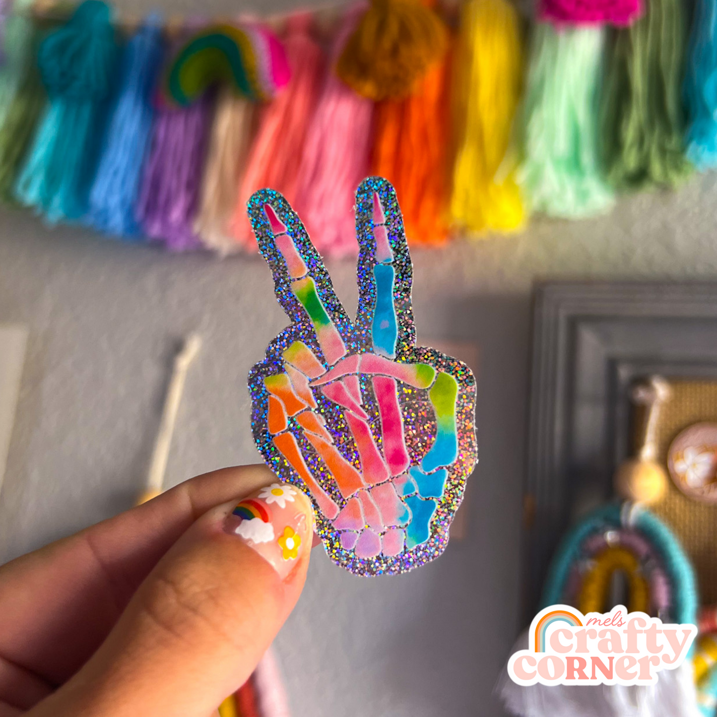 Colorful Skeleton Peace Sign | Holographic Glitter