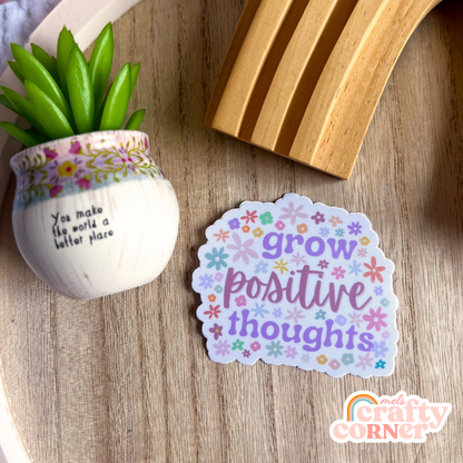 Grow Positive Thoughts matte sticker applied to laptop showing usage example by Mel's Crafty Corner