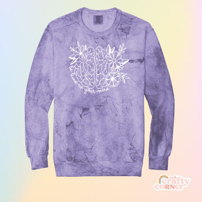 Amethyst-colored Be Kind to Your Mind Premium ColorBlast Crewneck