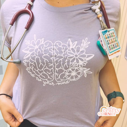Model wearing lavender Be Kind to Your Mind soft t-shirt
